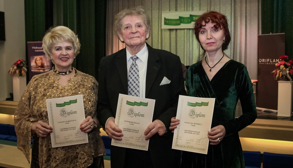 Seeniorlaul 2015. Võitjad Tamara Merkulova,Leonhard Kelle, Svetlana Jefimova, foto Ants Liigus